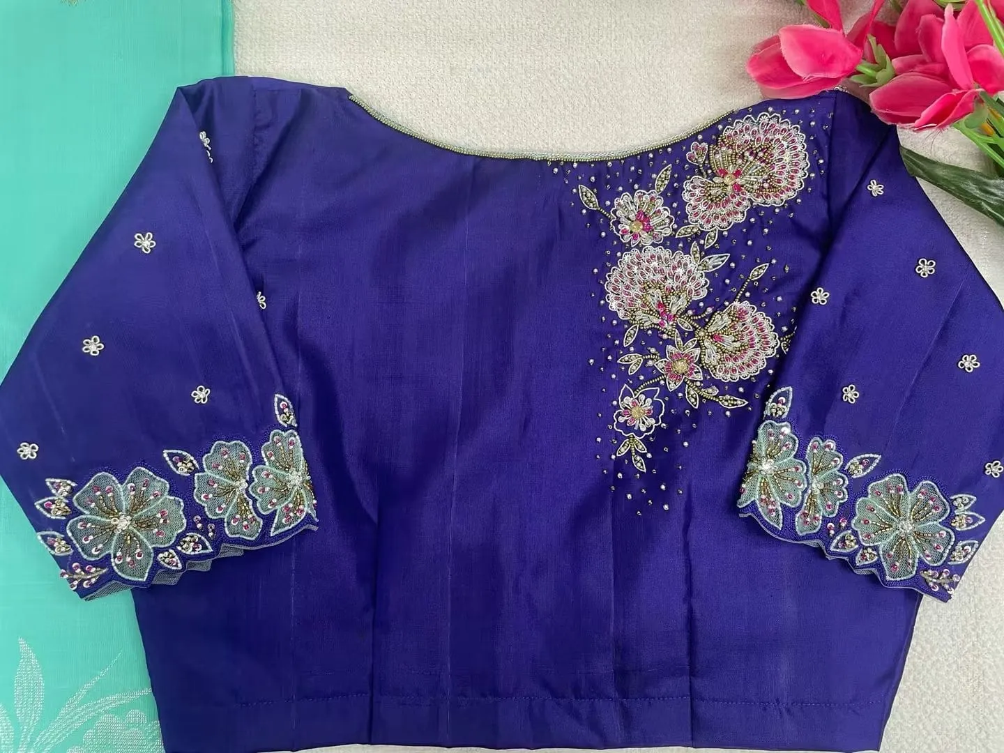Royal Blue Maggam Work Blouse – Boat Neck Saree Blouse