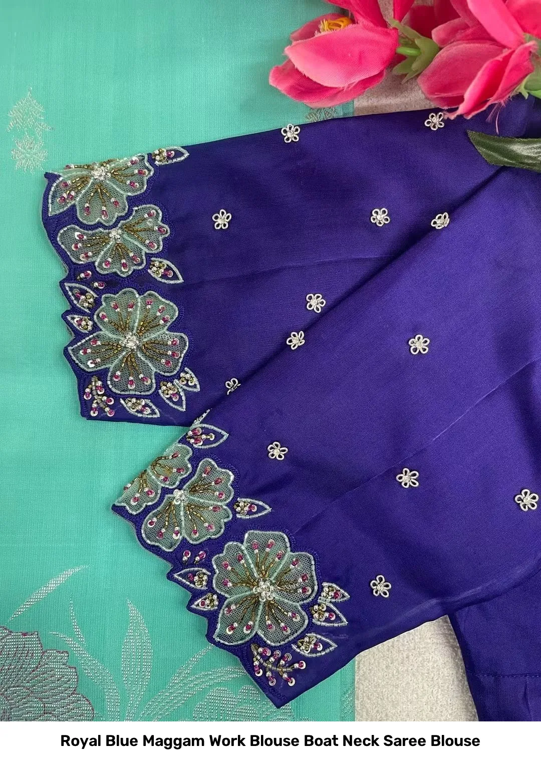 Royal Blue Maggam Work Blouse – Boat Neck Saree Blouse 2