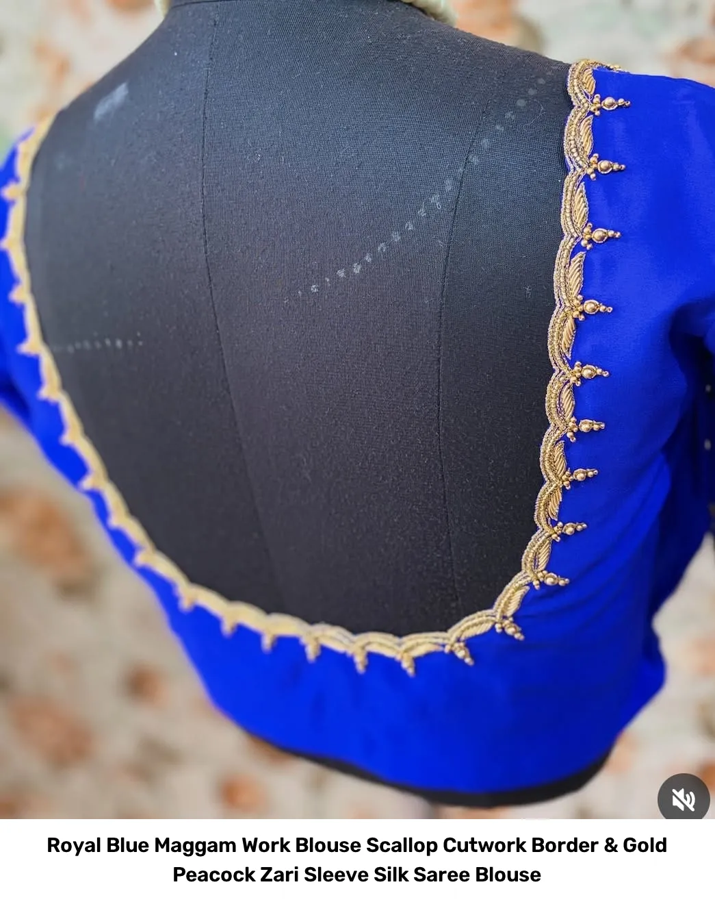 Royal Blue Maggam Work Blouse – Scallop Cutwork Border & Gold Peacock Zari Sleeve Silk Saree Blouse 2