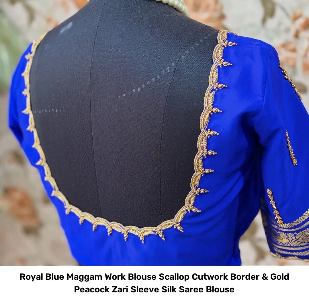 Royal Blue Maggam Work Blouse – Scallop Cutwork Border & Gold Peacock Zari Sleeve Silk Saree Blouse 5