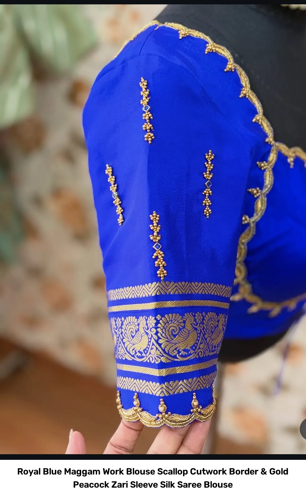 Royal Blue Maggam Work Blouse – Scallop Cutwork Border & Gold Peacock Zari Sleeve Silk Saree Blouse 6