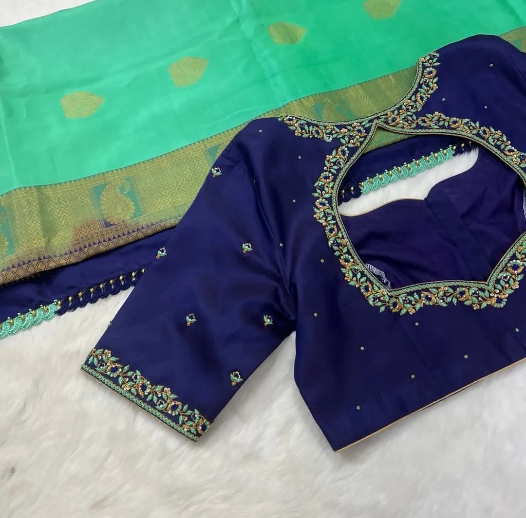 Royal Blue Maggam Work Blouse with Cut Out Back Neck | Hand Embroidered Silk Saree Blouse