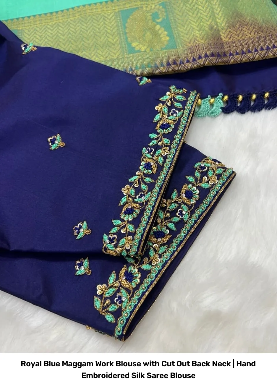 Royal Blue Maggam Work Blouse with Cut Out Back Neck | Hand Embroidered Silk Saree Blouse 2