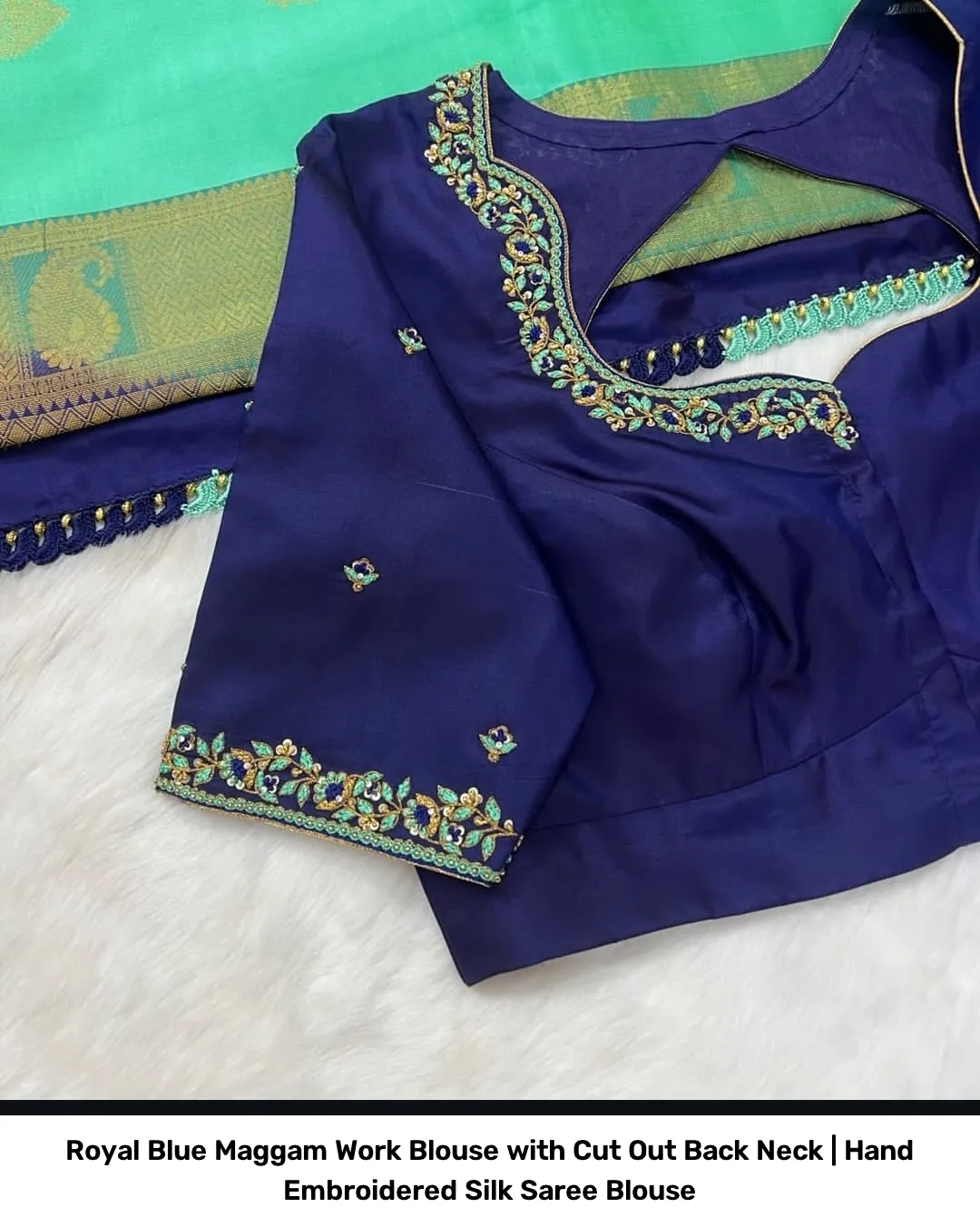 Royal Blue Maggam Work Blouse with Cut Out Back Neck | Hand Embroidered Silk Saree Blouse 4