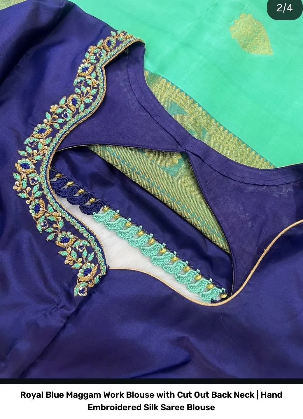 Royal Blue Maggam Work Blouse with Cut Out Back Neck | Hand Embroidered Silk Saree Blouse 5
