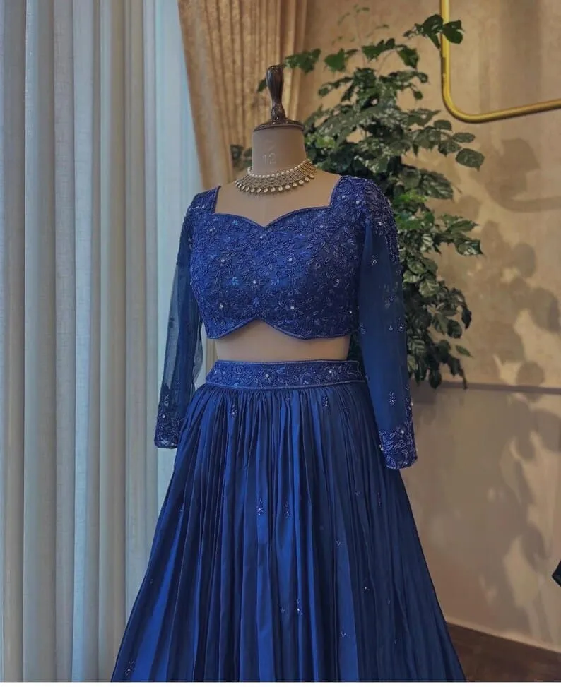Royal Blue Pleated Lehenga with Heavy Handcrafted Embroidered Blouse | Monochrome Sangeet & Reception Lehenga Choli Set