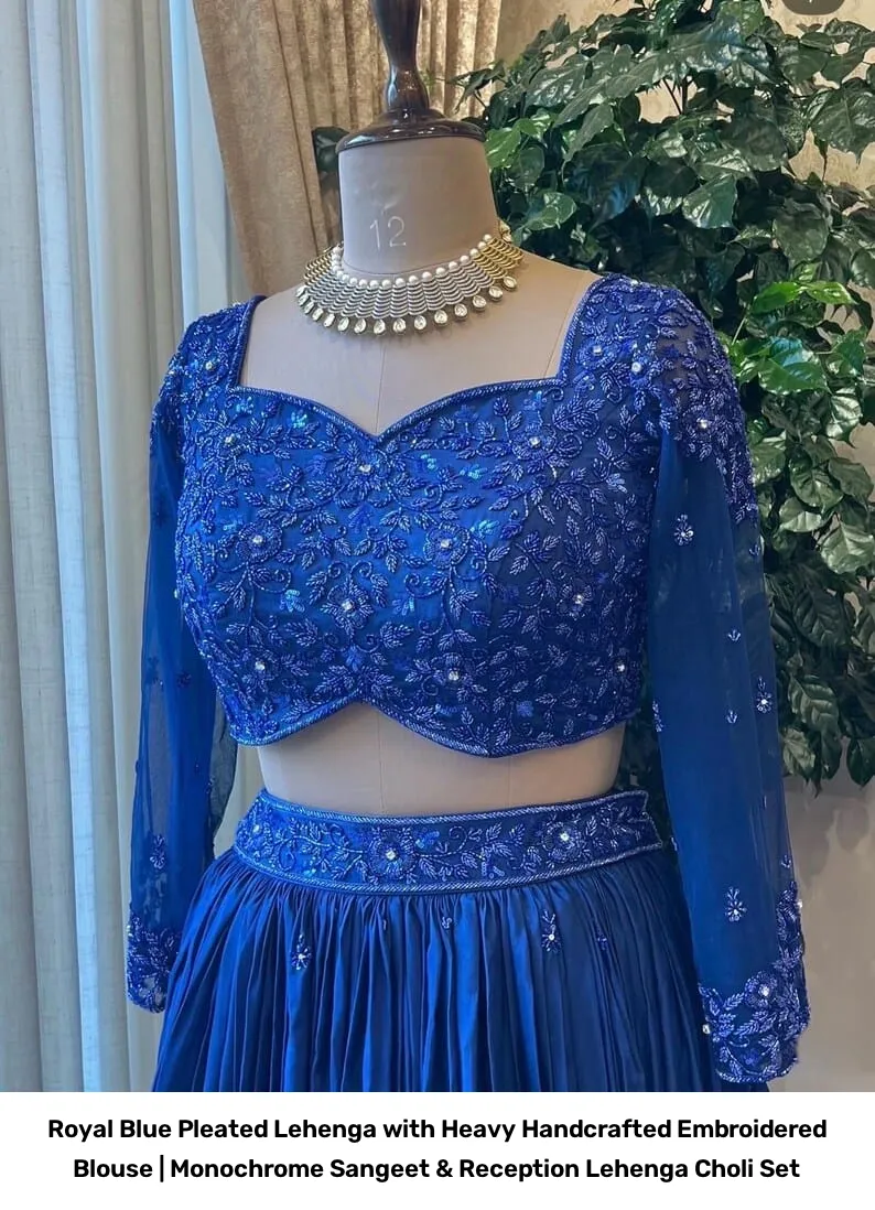 Royal Blue Pleated Lehenga with Heavy Handcrafted Embroidered Blouse | Monochrome Sangeet & Reception Lehenga Choli Set 2