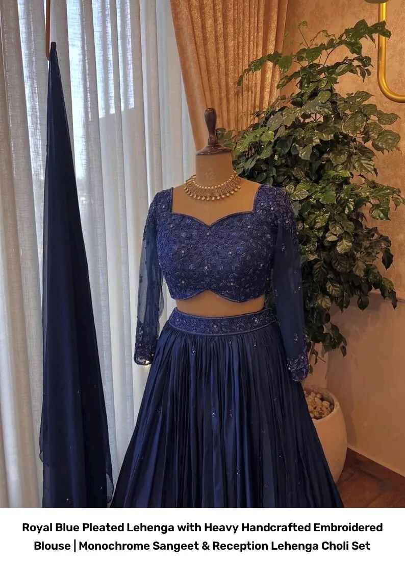 Royal Blue Pleated Lehenga with Heavy Handcrafted Embroidered Blouse | Monochrome Sangeet & Reception Lehenga Choli Set 3