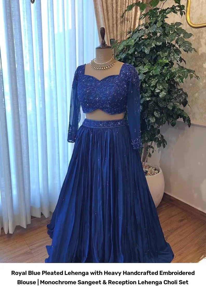 Royal Blue Pleated Lehenga with Heavy Handcrafted Embroidered Blouse | Monochrome Sangeet & Reception Lehenga Choli Set 4