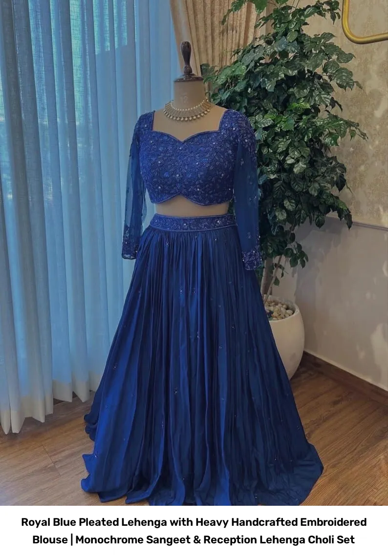 Royal Blue Pleated Lehenga with Heavy Handcrafted Embroidered Blouse | Monochrome Sangeet & Reception Lehenga Choli Set 5