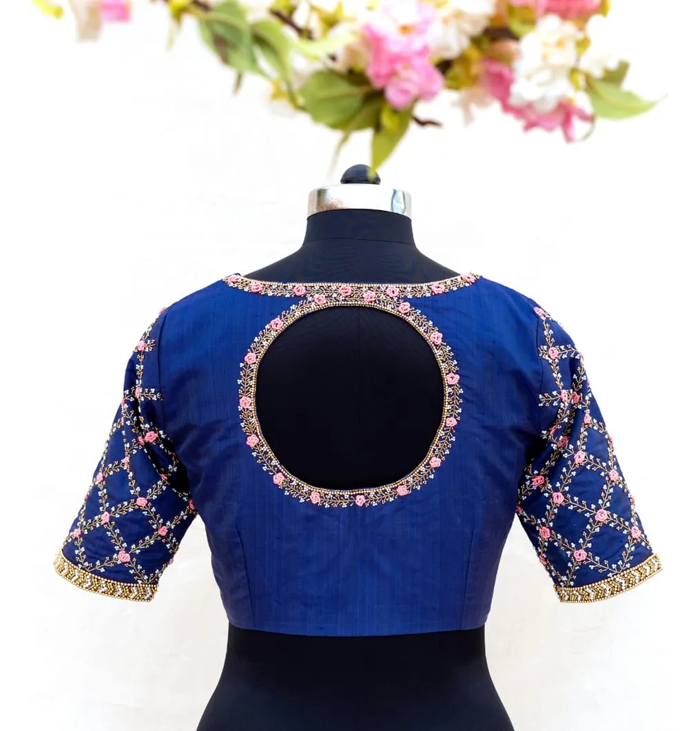 Royal Blue Pot Neck Blouse with Pink French Knot Work