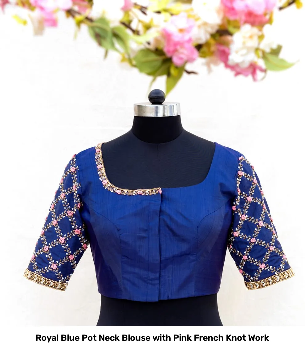 Royal Blue Pot Neck Blouse with Pink French Knot Work 2