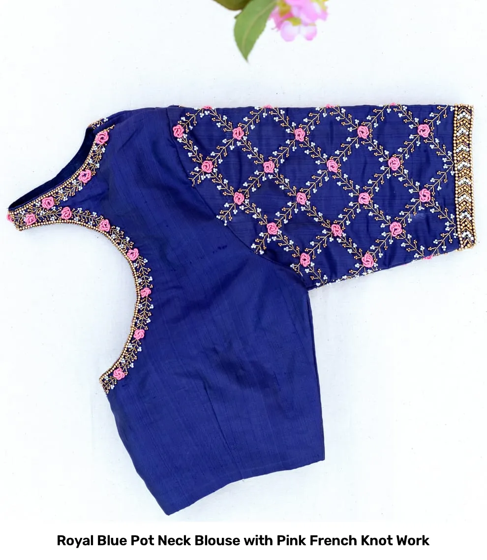 Royal Blue Pot Neck Blouse with Pink French Knot Work 3