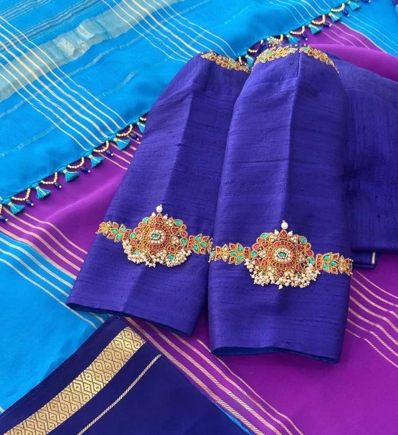 Royal Blue Raw Silk Bridal Blouse | Handcrafted Kundan & Pearl Vanki Motif Maggam Work Blouse