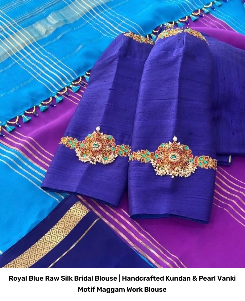 Royal Blue Raw Silk Bridal Blouse | Handcrafted Kundan & Pearl Vanki Motif Maggam Work Blouse 3