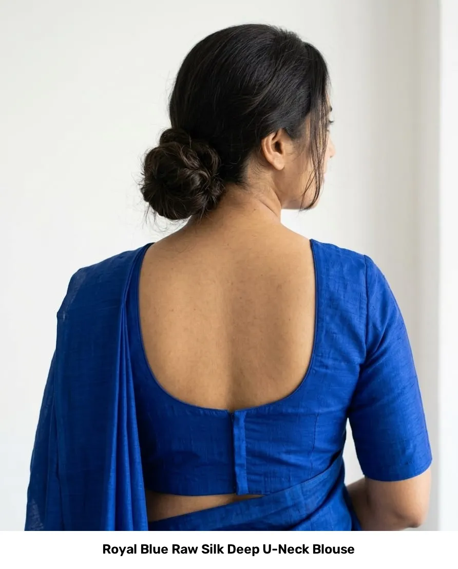 Royal Blue Raw Silk Deep U-Neck Blouse 2