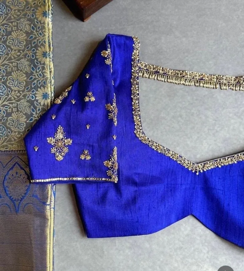 Royal Blue Raw Silk Maggam Work Blouse | Handcrafted Zardozi Embroidered Bridal Saree Blouse