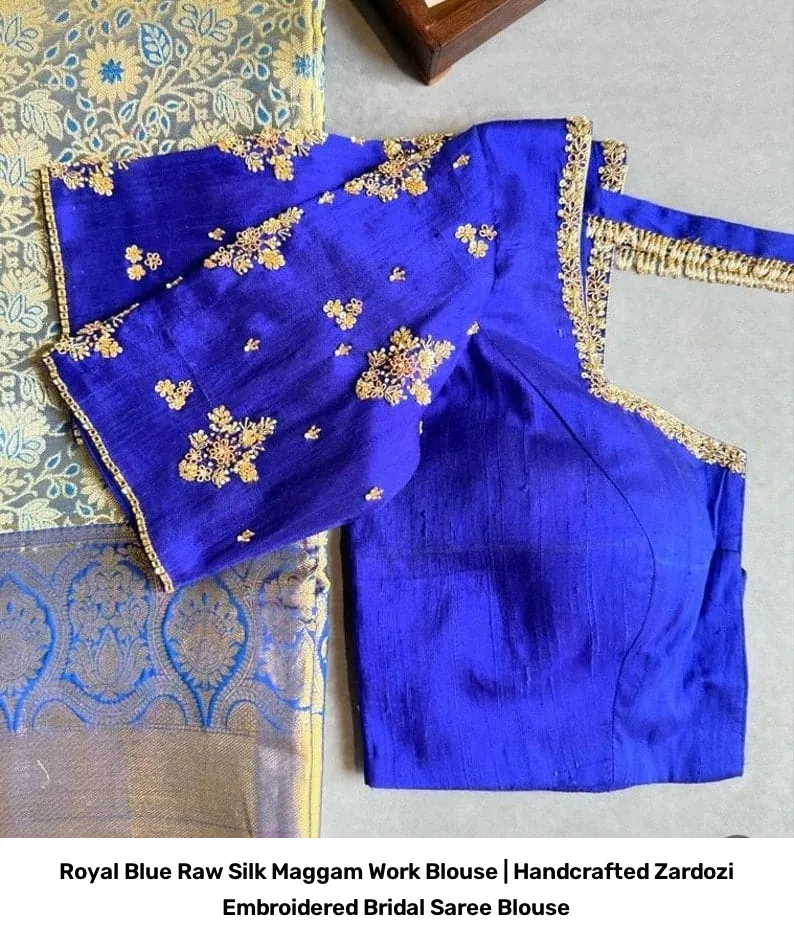 Royal Blue Raw Silk Maggam Work Blouse | Handcrafted Zardozi Embroidered Bridal Saree Blouse 2