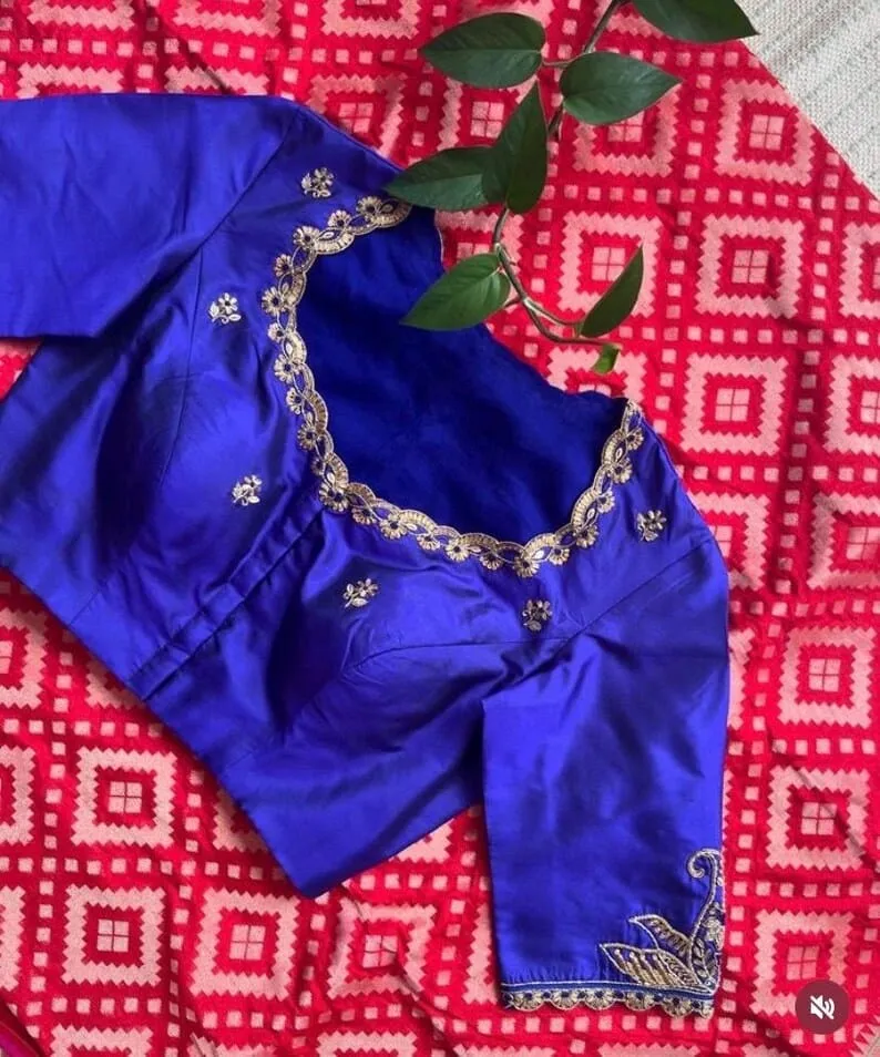 Royal Blue Raw Silk Maggam Work Blouse | Scalloped Cutwork Neck & Mango Paisley Sleeve Motif Saree Blouse