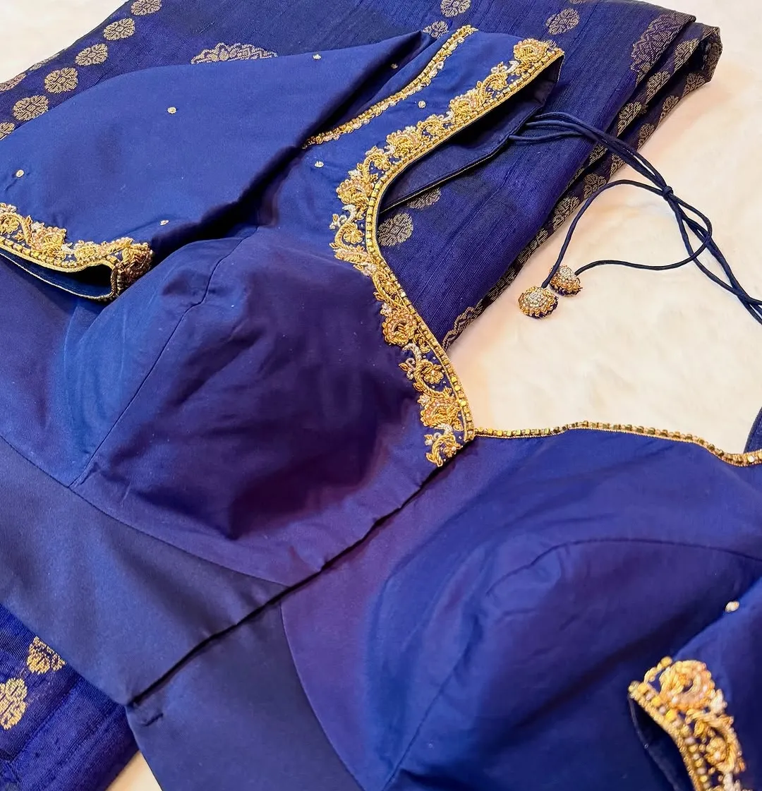 Royal Blue Raw Silk Maggam Work Blouse with Gold Zardozi Border