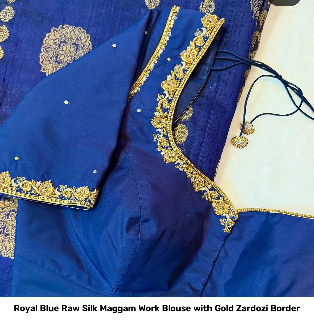 Royal Blue Raw Silk Maggam Work Blouse with Gold Zardozi Border 2