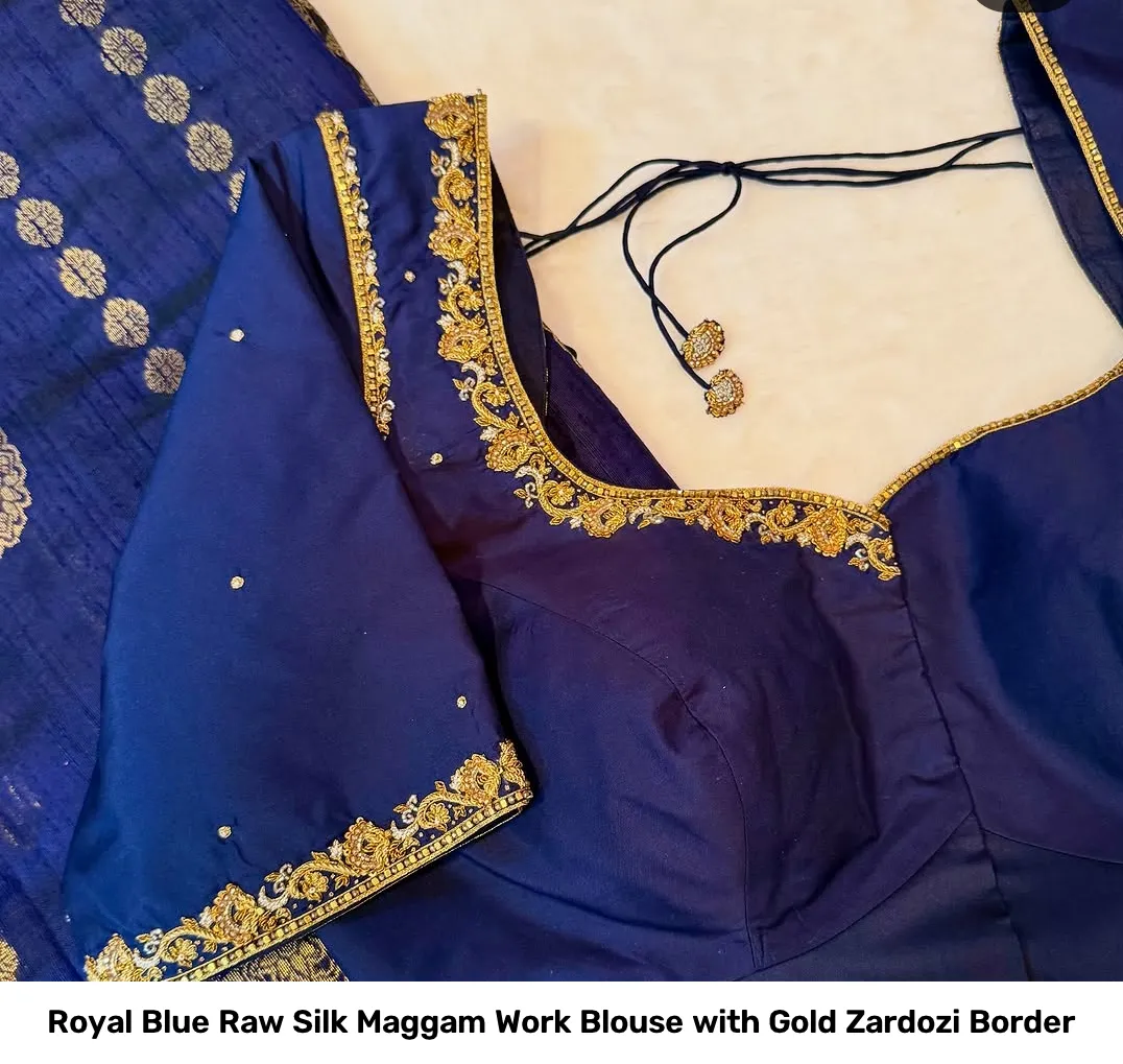 Royal Blue Raw Silk Maggam Work Blouse with Gold Zardozi Border 3