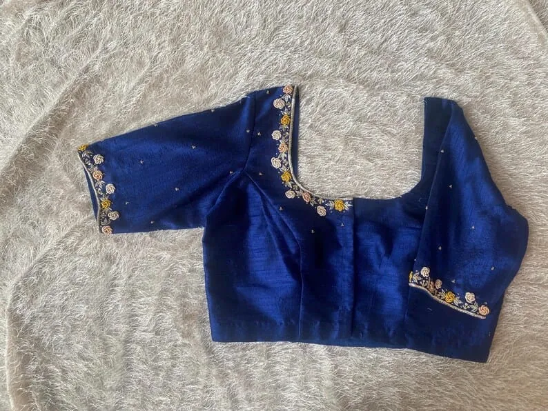 Royal Blue Raw Silk Saree Blouse | French Knot Floral Border Square Neck Readymade Blouse (Wholesale)