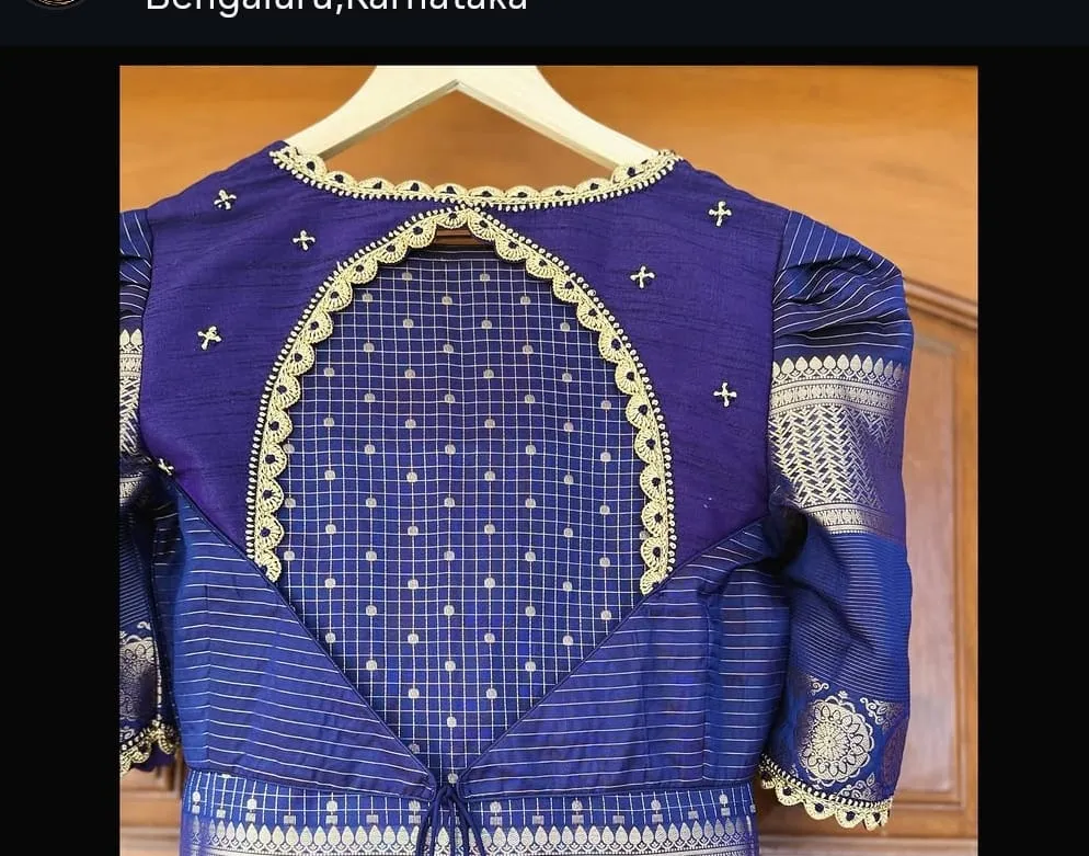 Royal Blue Raw Silk Saree Blouse with Puff Sleeves & Back Cutout