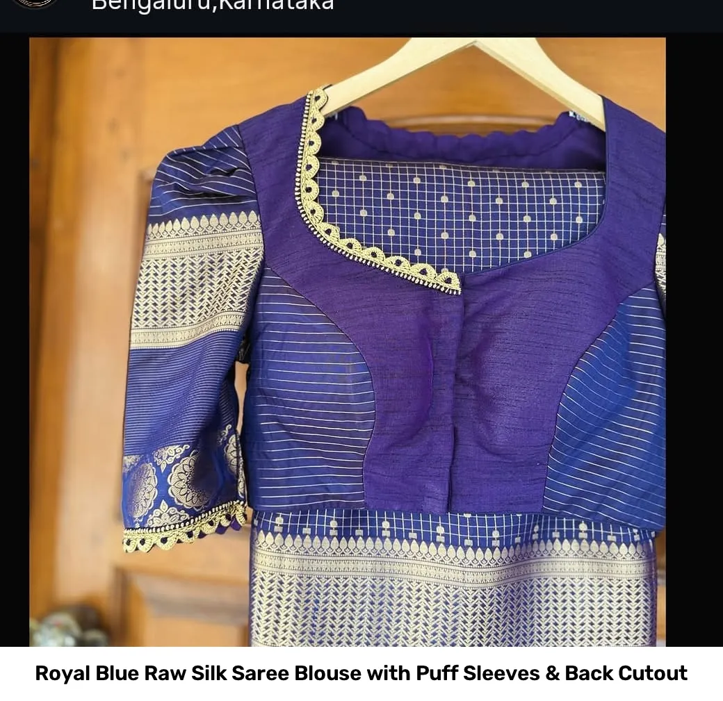 Royal Blue Raw Silk Saree Blouse with Puff Sleeves & Back Cutout 2