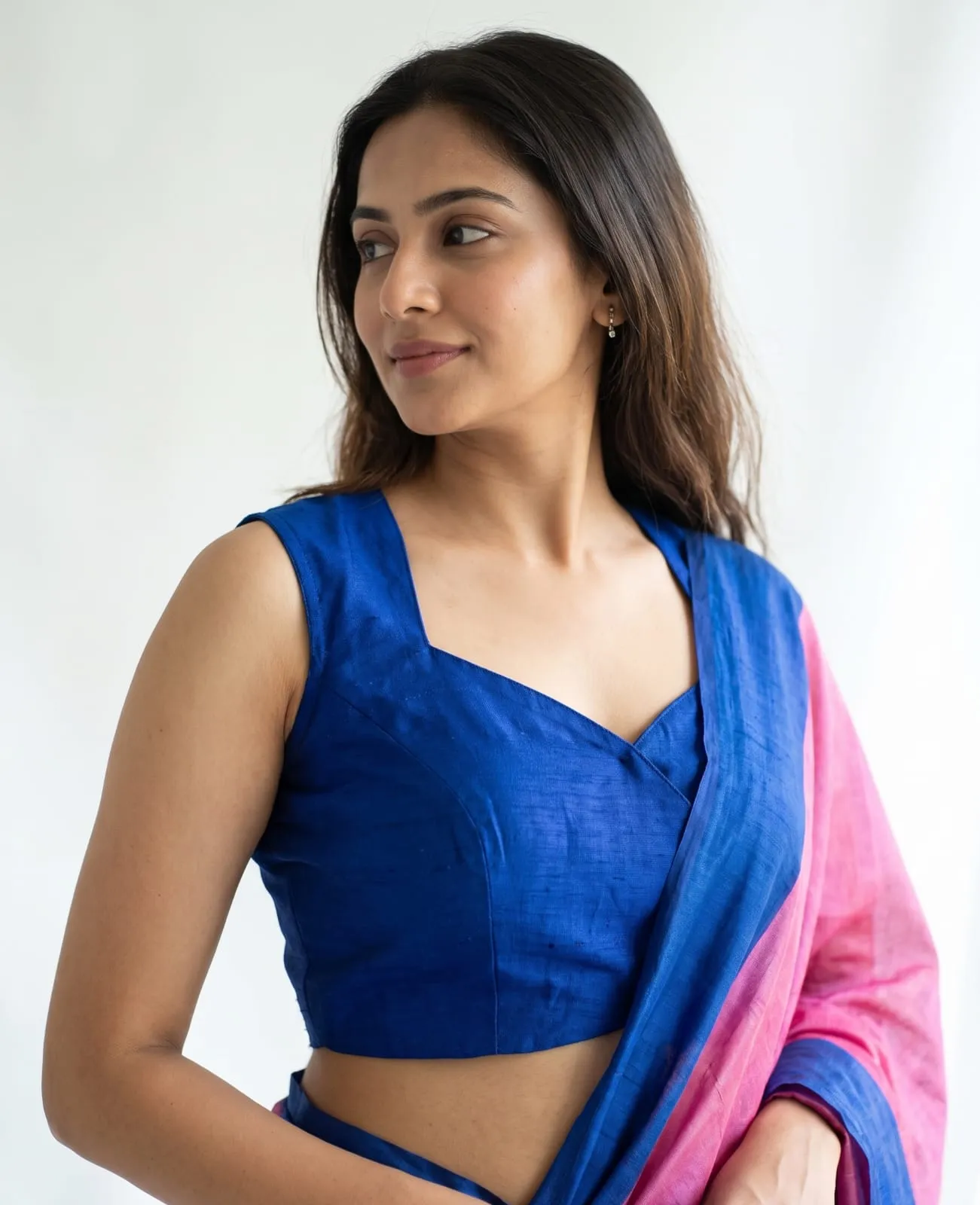 Royal Blue Raw Silk Sleeveless Blouse V-Neck Readymade