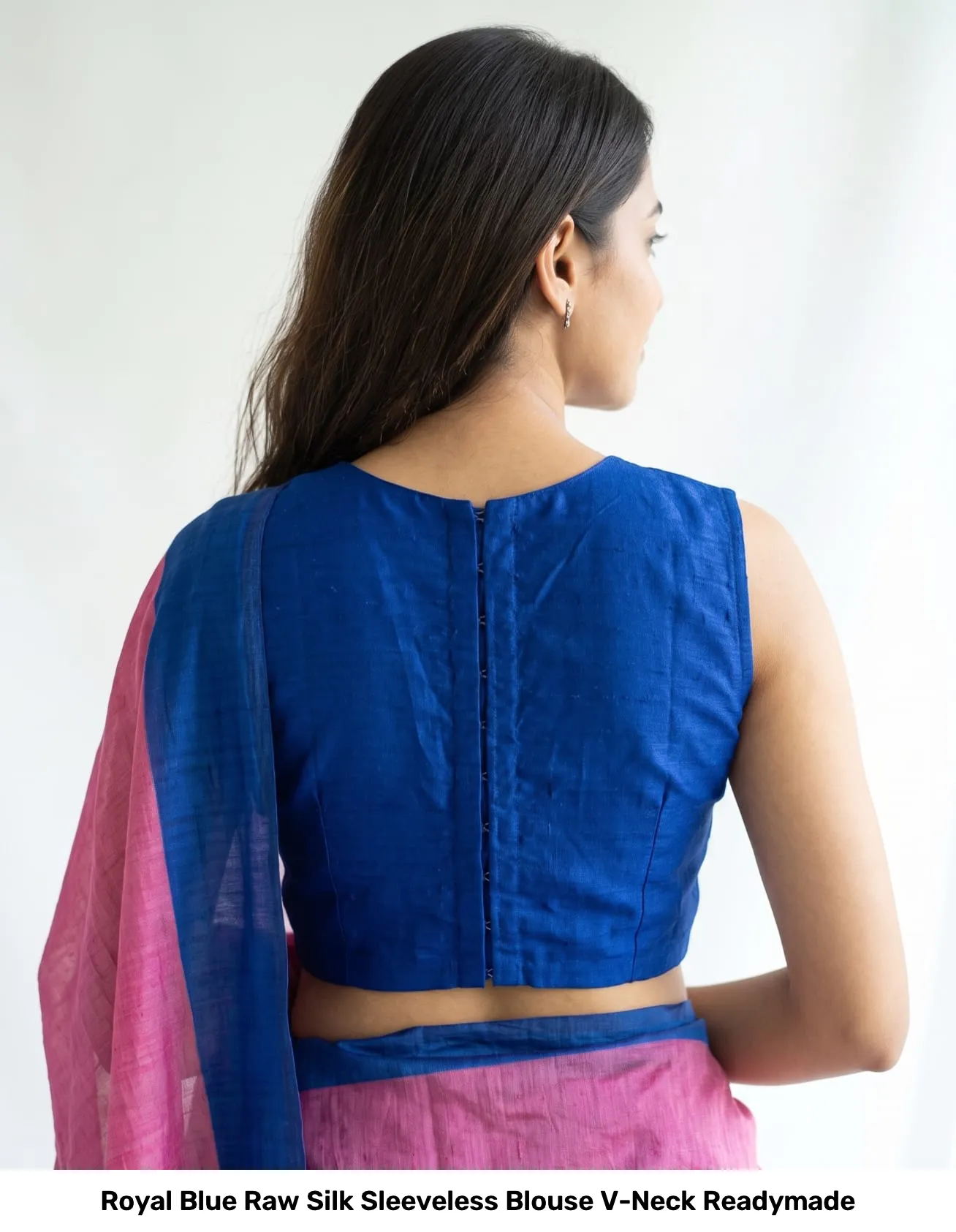 Royal Blue Raw Silk Sleeveless Blouse V-Neck Readymade 2