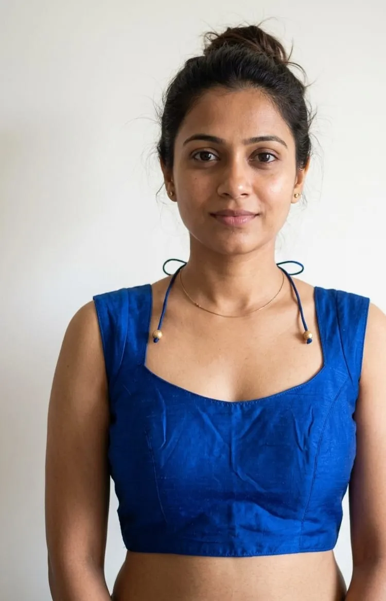 Royal Blue Raw Silk Sleeveless Saree Blouse – Deep Square Back Neck with Dori Tie-Up & Beads