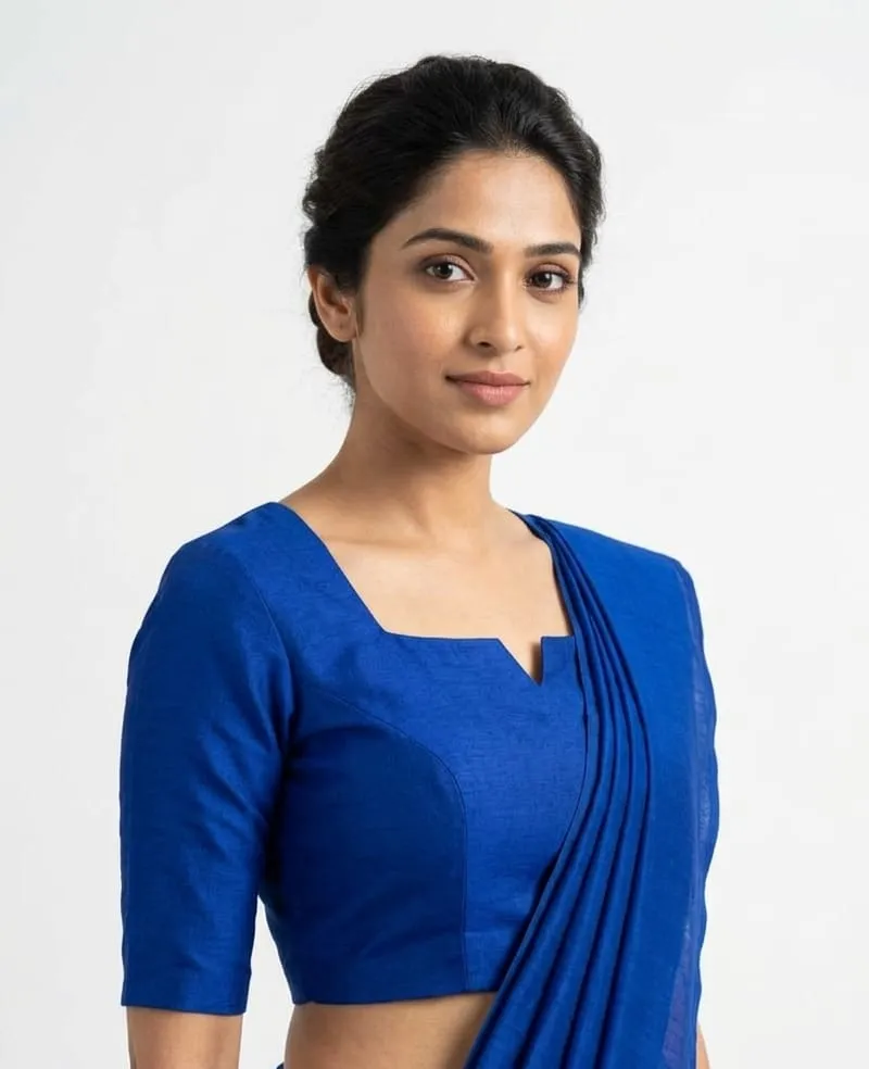 Royal Blue Readymade Saree Blouse | Designer Notched Square Neck Stitched Silk Blouse with Deep Back