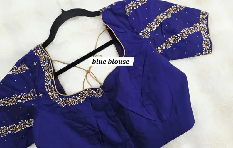 Royal Blue Readymade Silk Blouse | Handcrafted Zardozi Aari Work