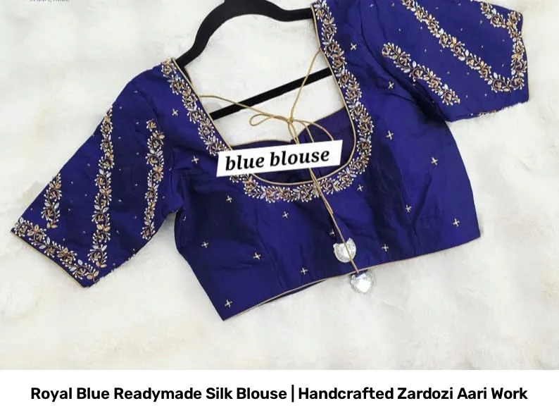 Royal Blue Readymade Silk Blouse | Handcrafted Zardozi Aari Work 2