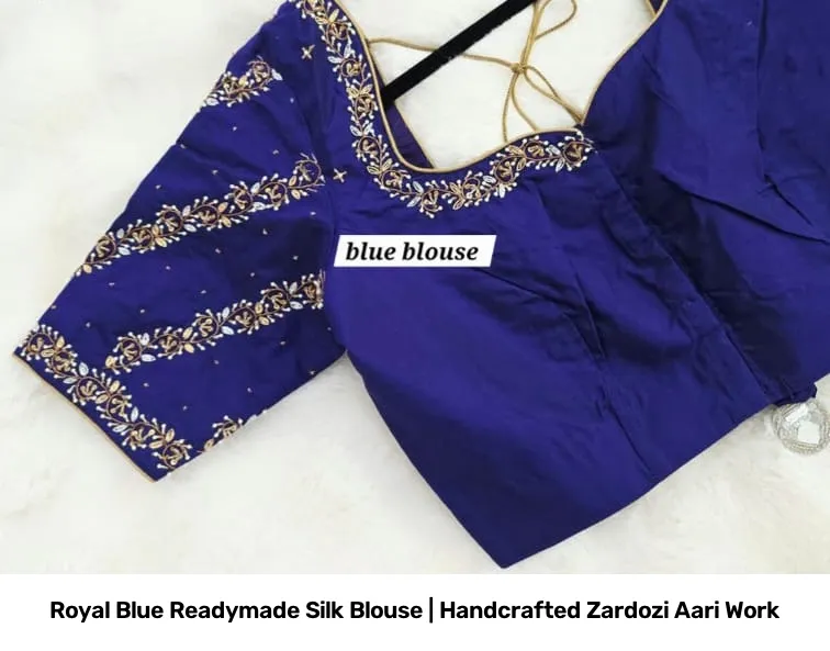 Royal Blue Readymade Silk Blouse | Handcrafted Zardozi Aari Work 3