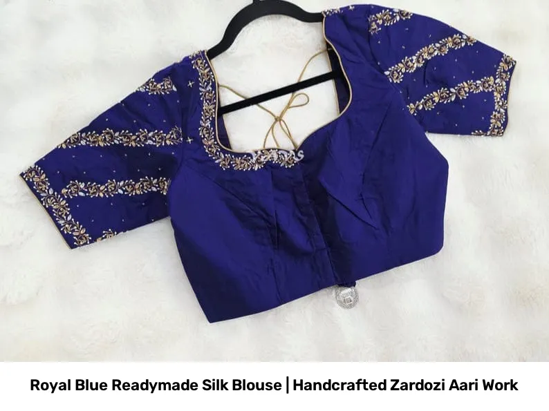 Royal Blue Readymade Silk Blouse | Handcrafted Zardozi Aari Work 4