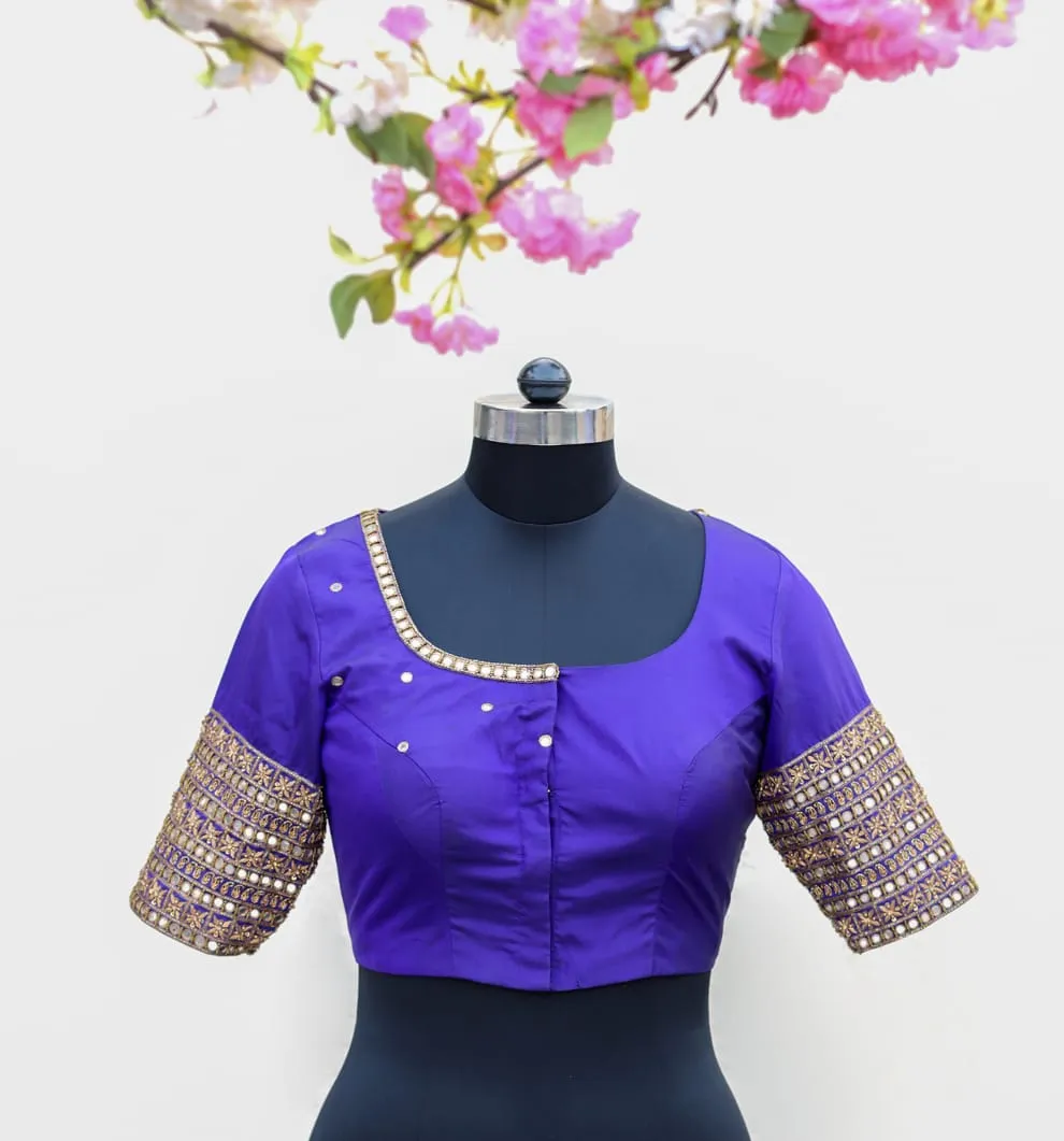 Royal Blue Silk Blouse with Heavy Mirror Border Sleeves