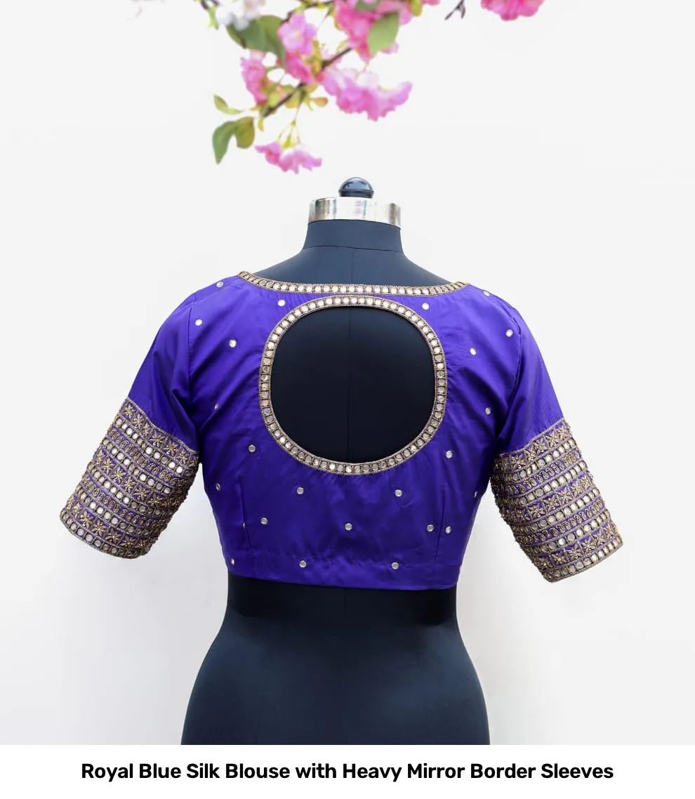 Royal Blue Silk Blouse with Heavy Mirror Border Sleeves 2