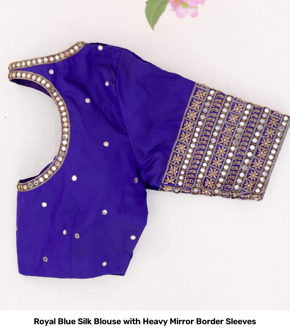 Royal Blue Silk Blouse with Heavy Mirror Border Sleeves 3