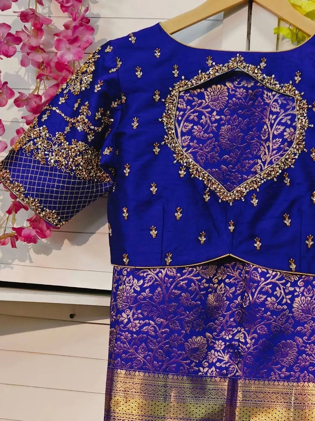 Royal Blue Silk Bridal Blouse with Intricate Maggam Work & Hexagon Cutout Back | Heavy Zardosi Saree Blouse