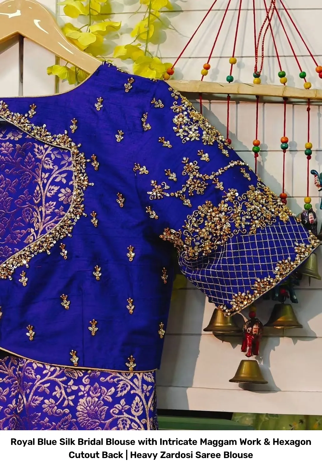 Royal Blue Silk Bridal Blouse with Intricate Maggam Work & Hexagon Cutout Back | Heavy Zardosi Saree Blouse 2