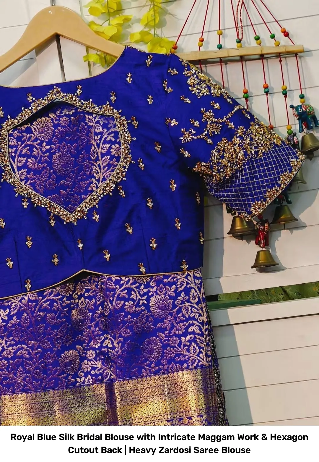 Royal Blue Silk Bridal Blouse with Intricate Maggam Work & Hexagon Cutout Back | Heavy Zardosi Saree Blouse 3