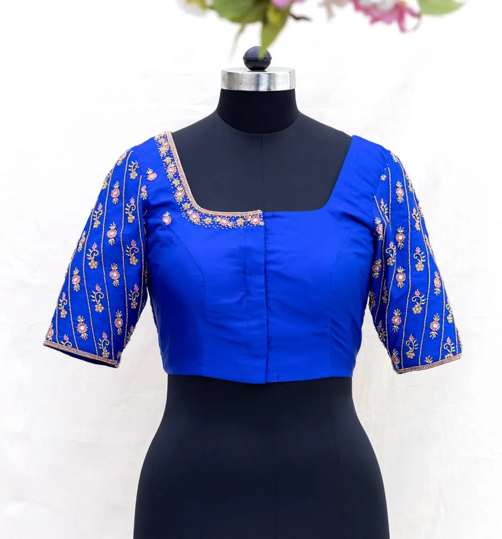 Royal Blue Silk Deep Square Back Maggam Work Blouse
