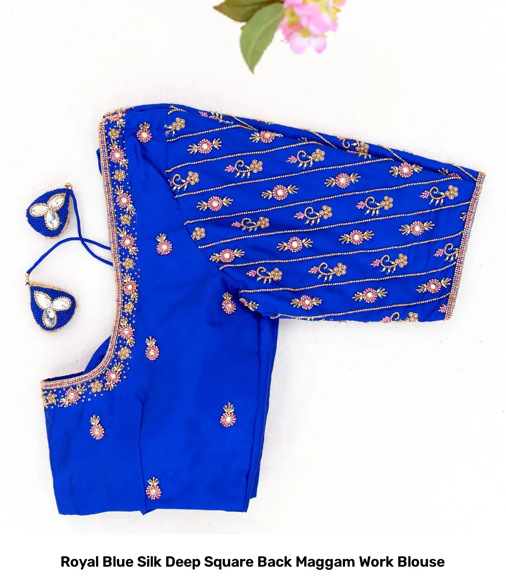 Royal Blue Silk Deep Square Back Maggam Work Blouse 2