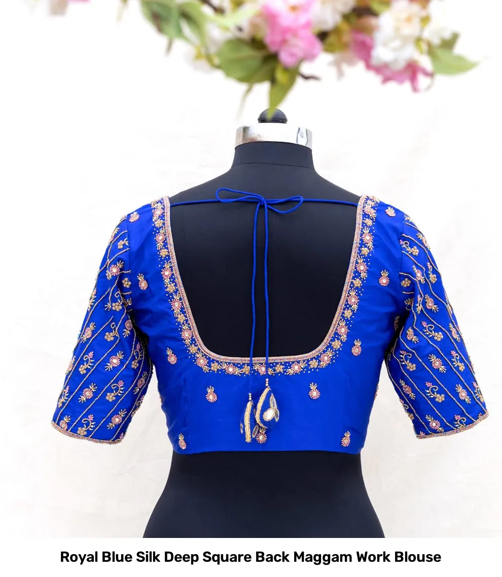 Royal Blue Silk Deep Square Back Maggam Work Blouse 3