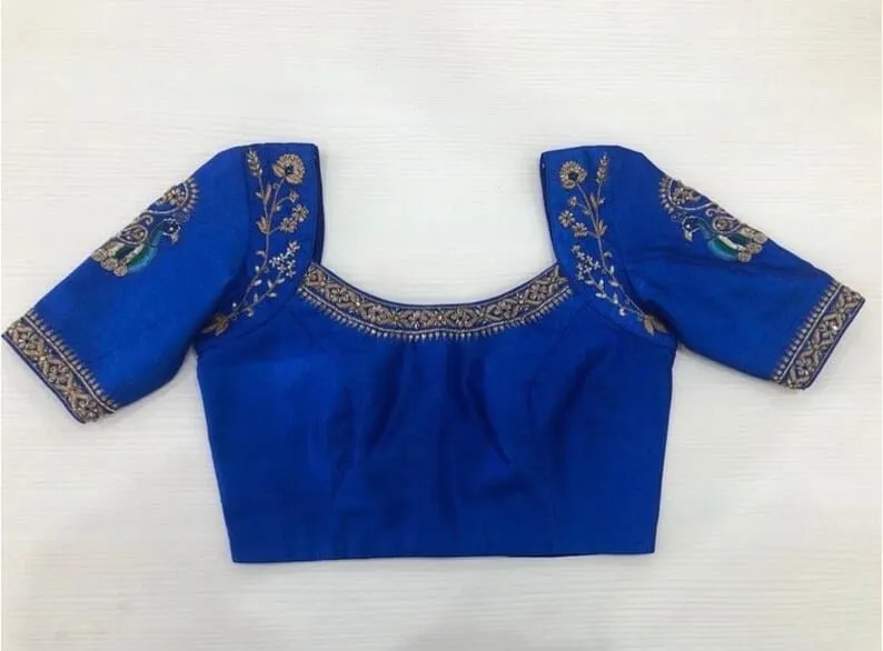 Royal Blue Silk Maggam Work Blouse | Handcrafted Peacock Motif & Floral Zari Border Saree Blouse