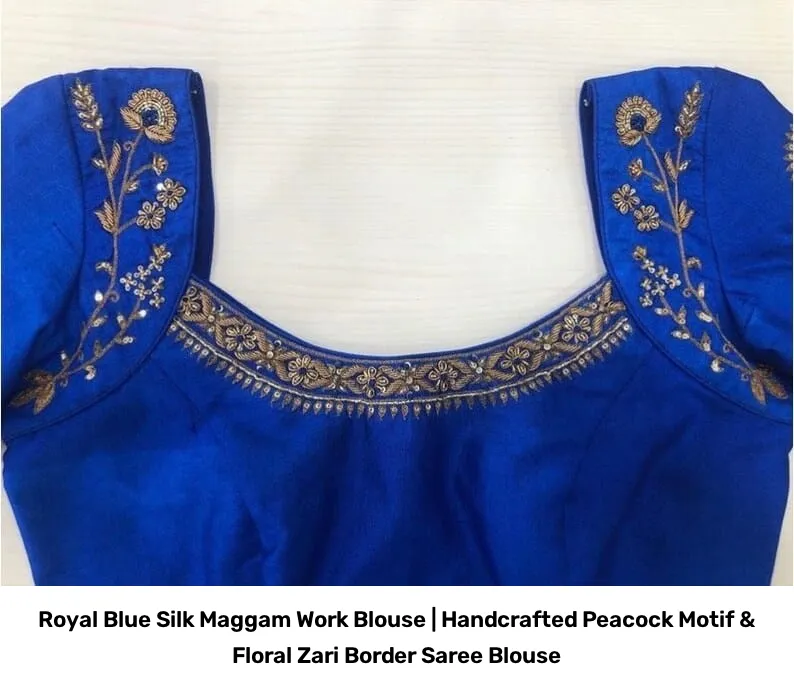 Royal Blue Silk Maggam Work Blouse | Handcrafted Peacock Motif & Floral Zari Border Saree Blouse 2