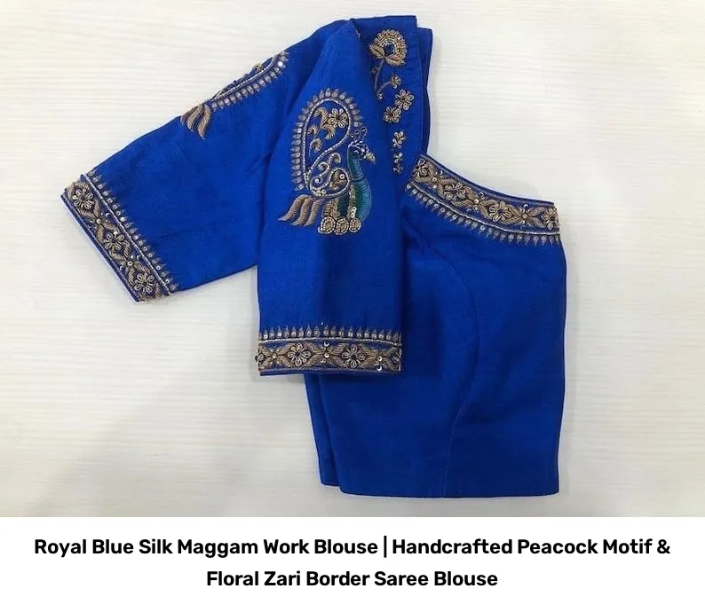 Royal Blue Silk Maggam Work Blouse | Handcrafted Peacock Motif & Floral Zari Border Saree Blouse 3