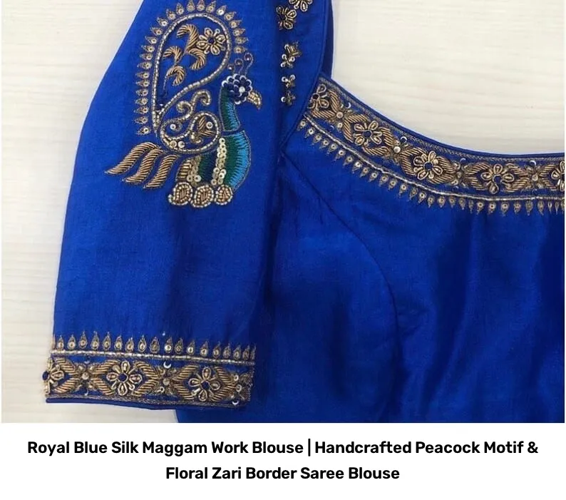 Royal Blue Silk Maggam Work Blouse | Handcrafted Peacock Motif & Floral Zari Border Saree Blouse 4